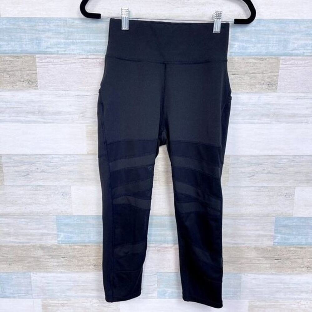 POP FIT Ava Mesh Striped Cropped Capri Workout Leggings Black Womens XS